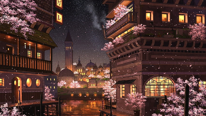 2560x1440 Anime City, Sakura Blossom, Night, Buildings, Lights, Stars, River für iMac 27 Zoll, Anime River HD-Hintergrundbild