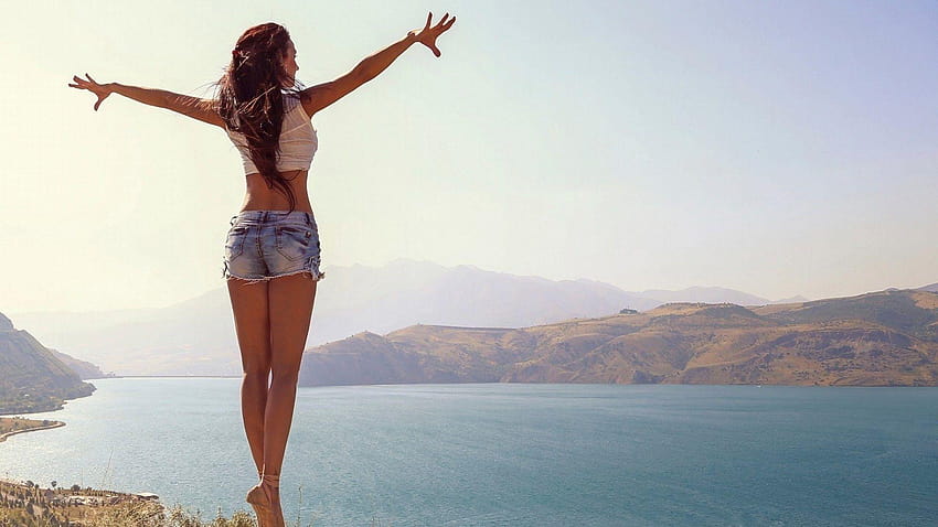 girl, nature, beautiful, legs, jeans shorts, brunette HD wallpaper