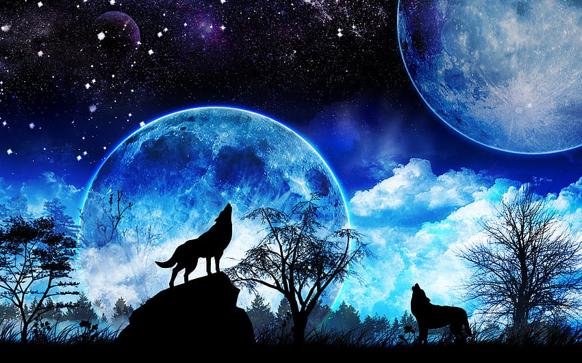 7 Wolves Howling, wolf and moon HD wallpaper
