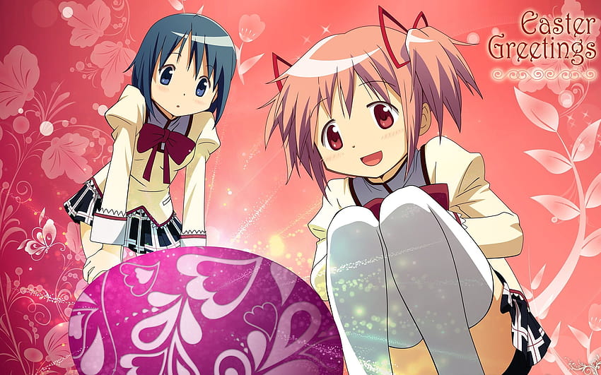 Plakat z życzeniami wielkanocnymi dla dwóch dziewczyn, anime wielkanocne Tapeta HD