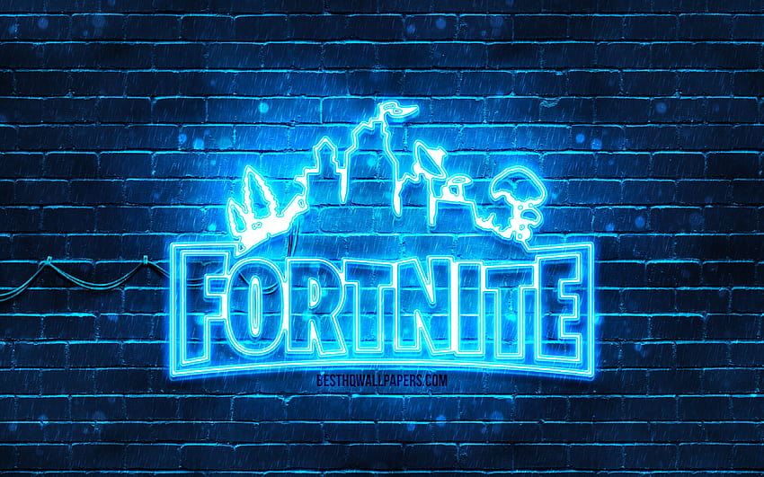 Niebieskie logo Fortnite, niebieski mur z cegły, logo Fortnite, gry 2020, neonowe logo Fortnite, Fortnite o rozdzielczości 3840x2400. Wysoka jakość, znak fortnite Tapeta HD