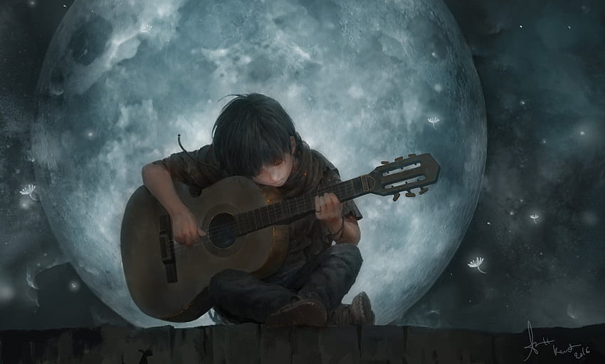 Fantasía arte guitarra niño luna, luna y niño fondo de pantalla