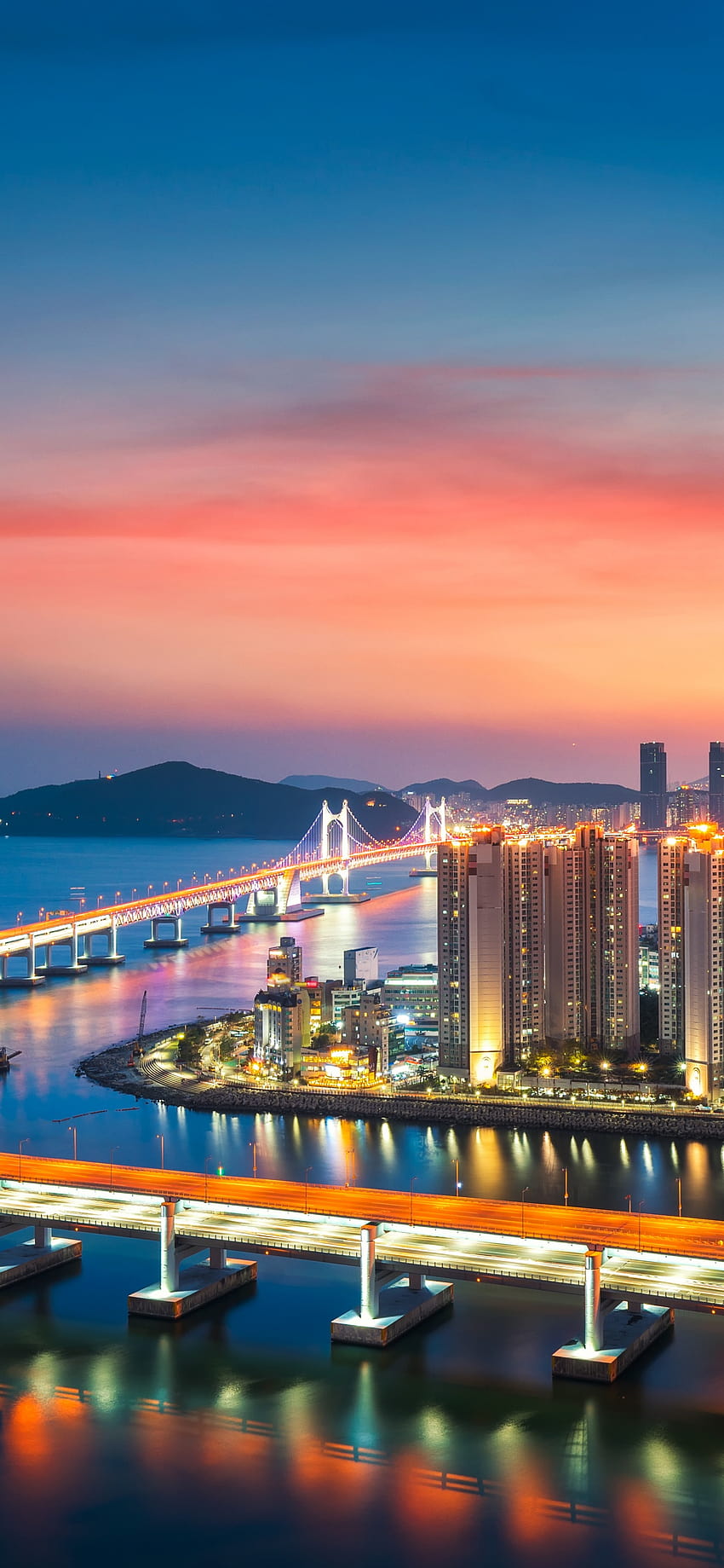 Busan, Jembatan Gwangan, Lampu-lampu kota, Matahari Terbenam, Pelabuhan, Dunia, aesthetic seoul iphone 11 wallpaper ponsel HD
