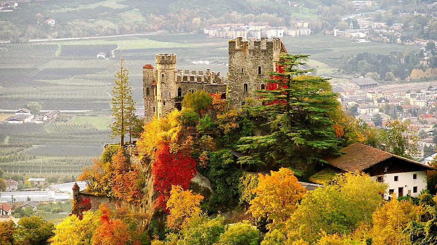 : trees, landscape, fall, cityscape, Italy, architecture, ancient, building, ruin, house, Tourism, hills, village, castle, tower, town, Tyrol, autumn, flower, season, landmark, 1920x1080 px, aerial graphy 1920x1080, italy in autumn HD wallpaper