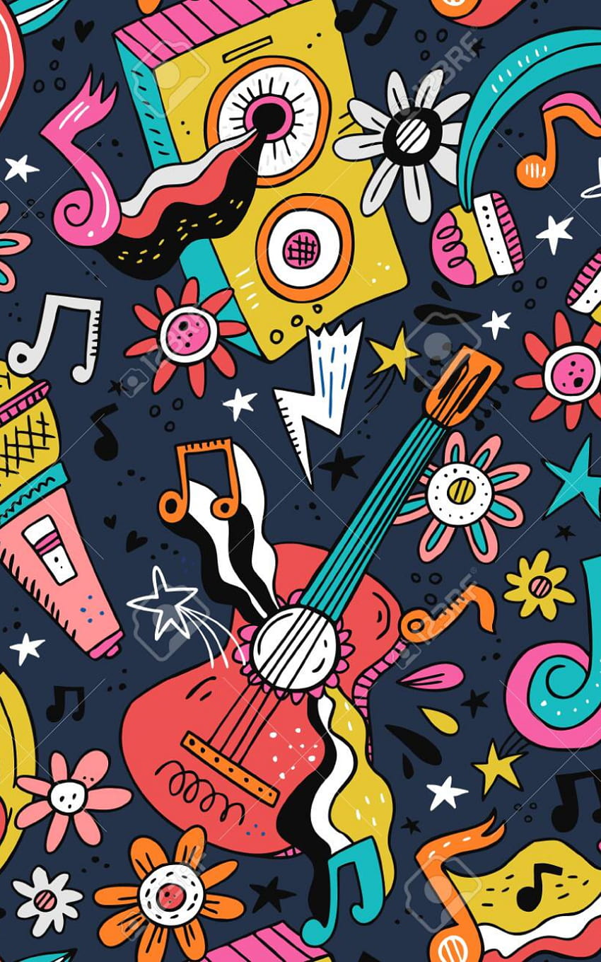 Rock N Roll Doodle Vektor nahtloses Muster Hippie-Musik-Cartoon [1300x1300] für Ihr Handy und Tablet, Musik-Doodle HD-Handy-Hintergrundbild