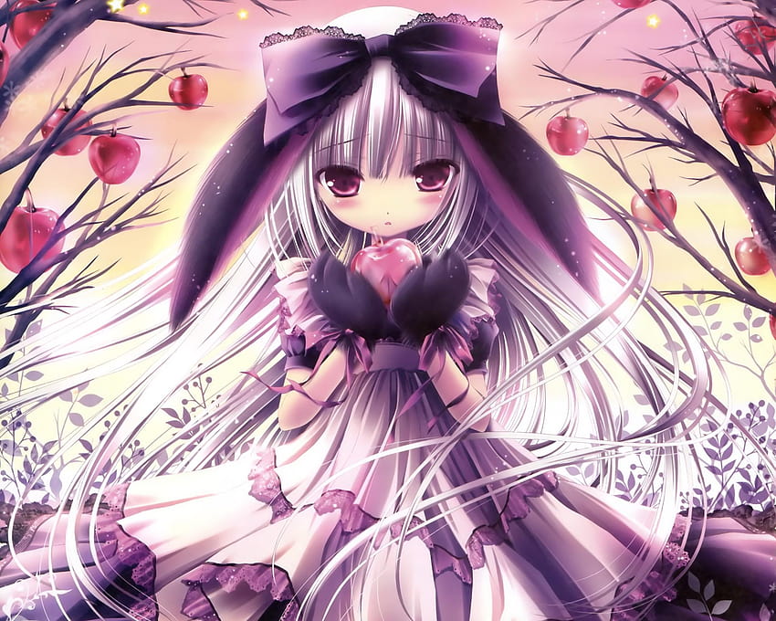 Pohon telinga binatang anime rambut putih mata ungu telinga kelinci, gadis anime lucu kelinci Wallpaper HD