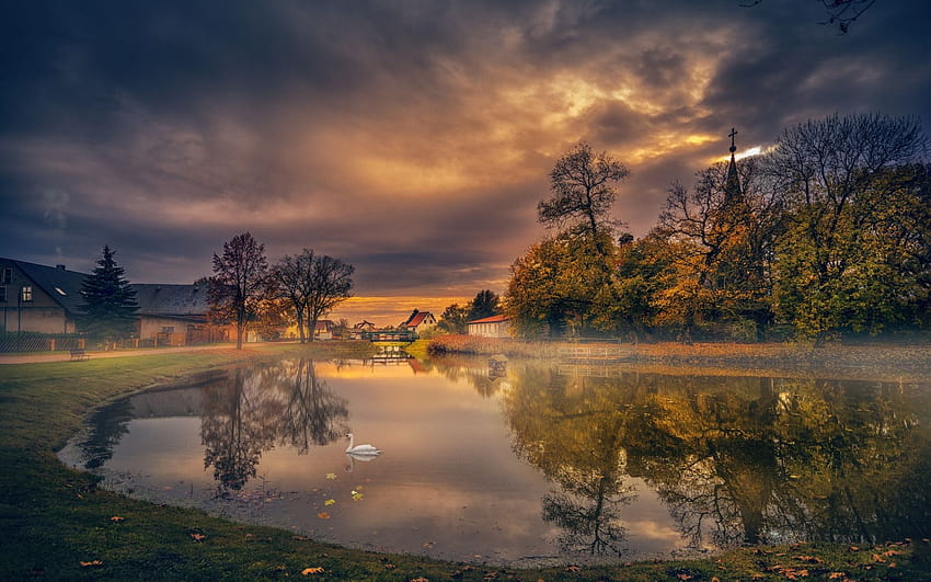 autumn, lake, village, white swan, sunset with resolution 1920x1200. High Quality, lake village HD wallpaper