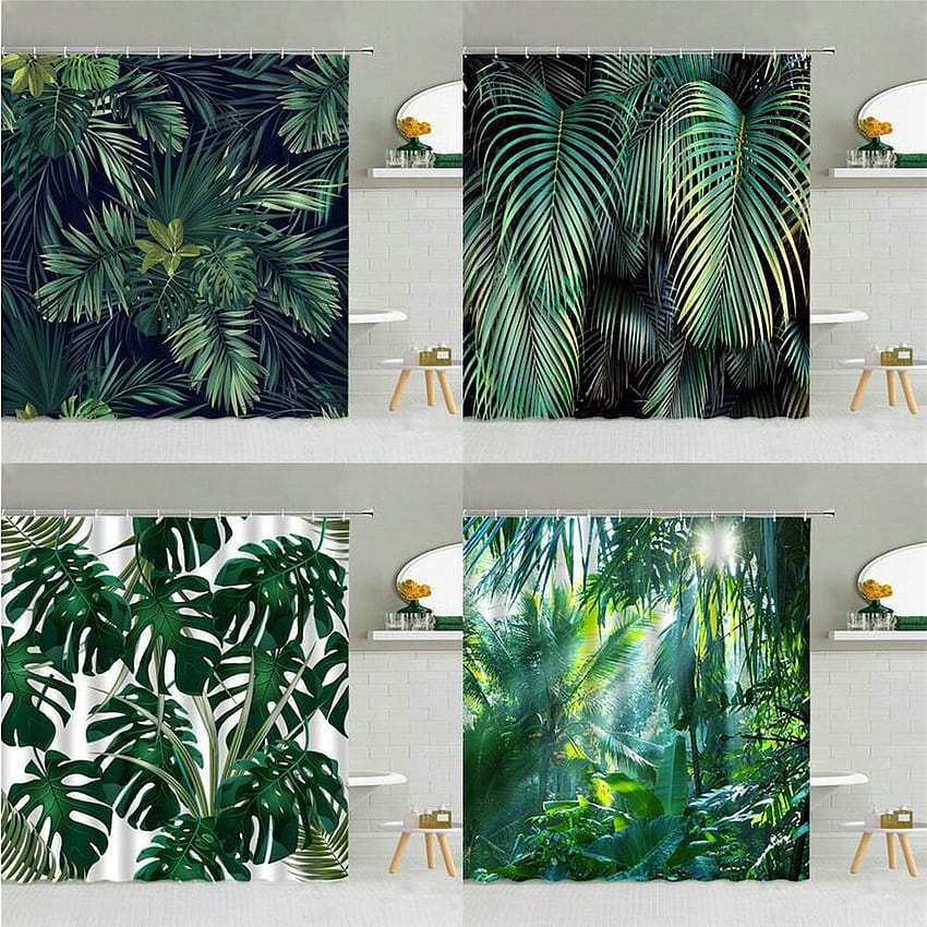 Vert plante tropicale Monstera feuille de palmier rideau de douche printemps plante thème mode tissu imperméable maison salle de bain décor rideaux Fond d'écran de téléphone HD