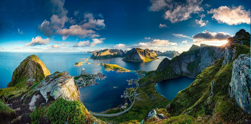 Слънце, планина, пейзаж, море, природа Норвегия HD тапет