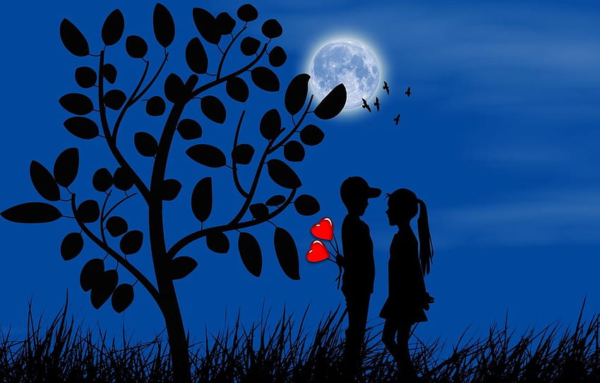 the moon, romance, boy, girl, hearts, silhouettes, date, first love , section разное, moon love HD wallpaper
