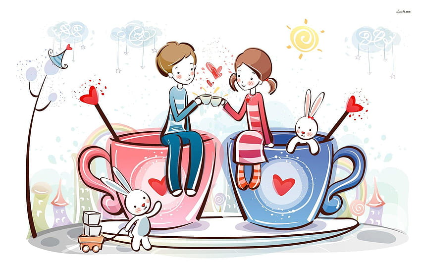 2019年にお茶を飲むカップル、コーヒーを飲むアニメのカップル 高画質の壁紙