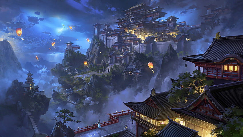 Аниме Sky Lantern Mountain Japanese Castle Night Scenery, компютърно японско аниме HD тапет