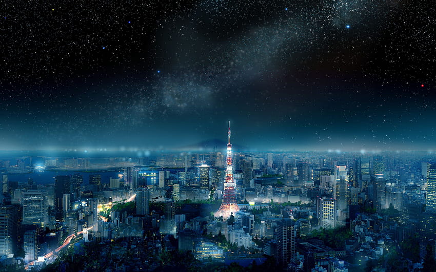 Tokyo Tower, noc, pejzaż miejski, Tokio, nocne niebo, metropolia, noc anime w Tokio Tapeta HD