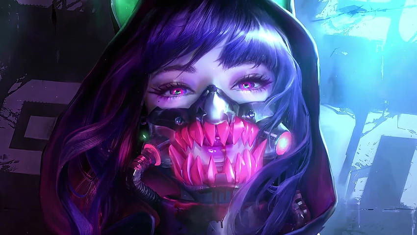 Cyber ​​Girl / Neon Predator Mask, máscara fofa de anime papel de parede HD