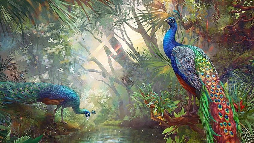 art, Oil, Painting, Drawing, Terrific, Peacocks, Paradise / and Mobile Backgrounds, peacock painting HD wallpaper