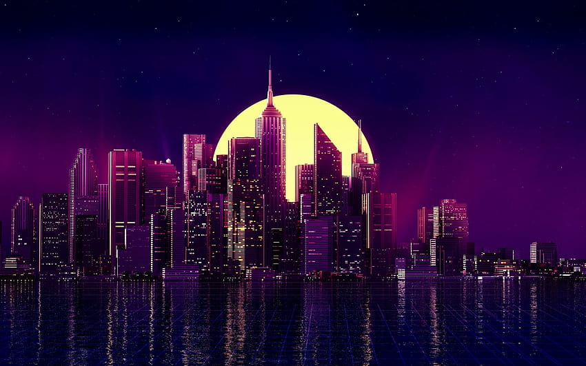 Stadt, Synthwave, Mond, Neon, Retrowave, Nacht, Welt, Retro-Stadtlichter-Ästhetik HD-Hintergrundbild