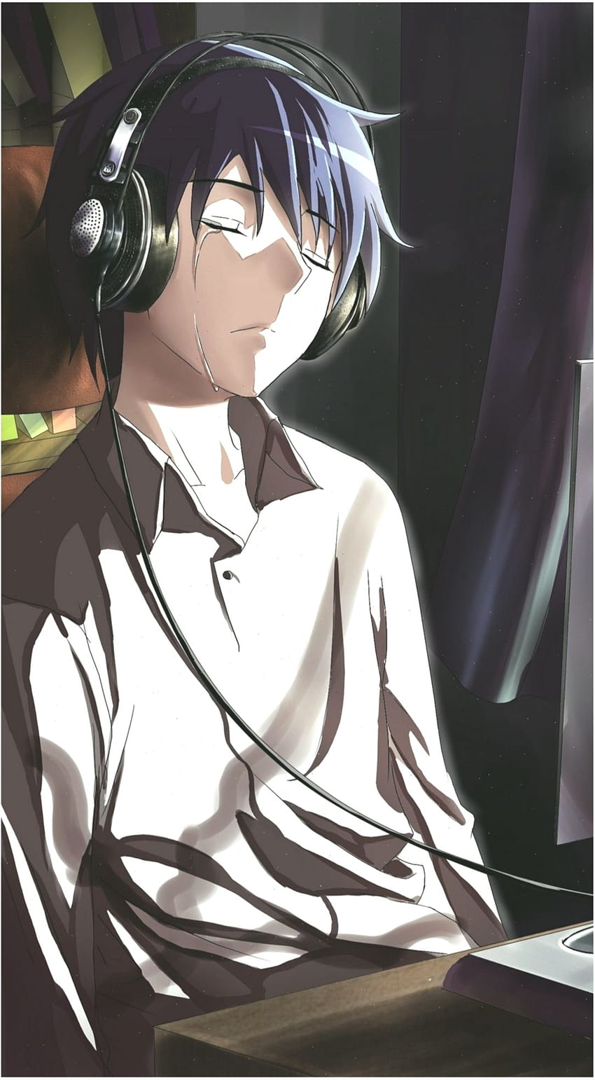 Cuffie Anime Boy Sad, ragazzo triste dei cartoni animati Sfondo del telefono HD