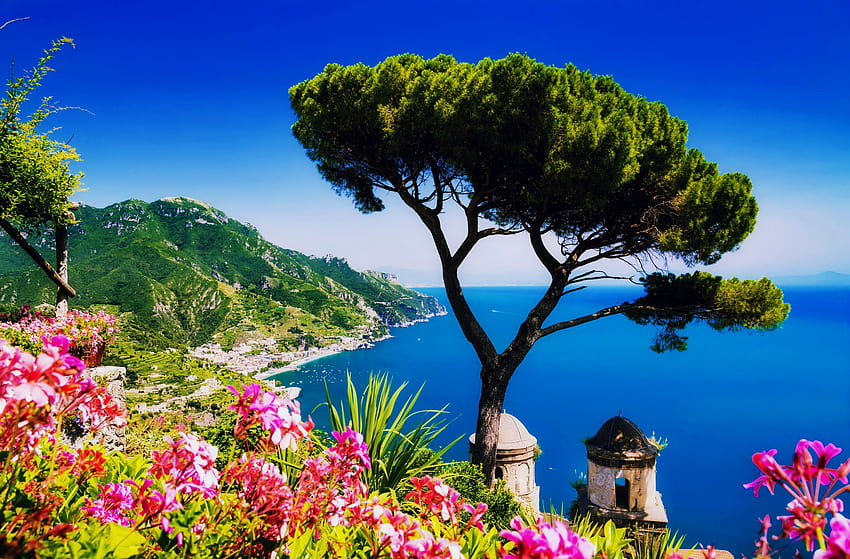 Plaże: Wybrzeże Amalfi Odpoczynek Morze Kwiaty Błękitne niebo Włochy Lato Tapeta HD