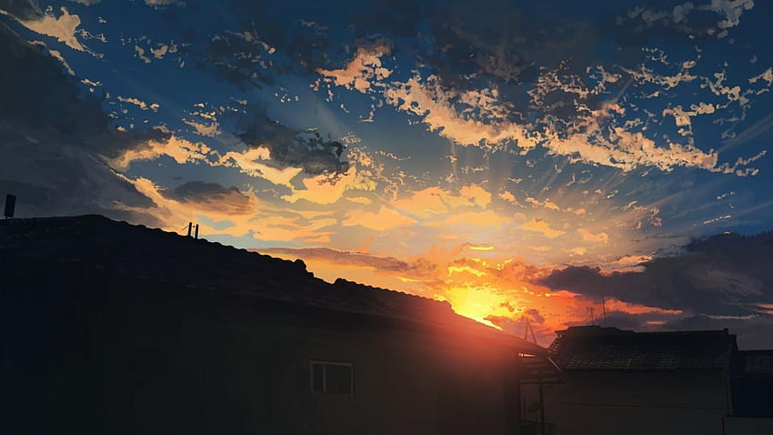 1366x768 Anime Landschaft, Sonnenuntergang, Haus, Wolken, ästhetischer Himmelsanime HD-Hintergrundbild