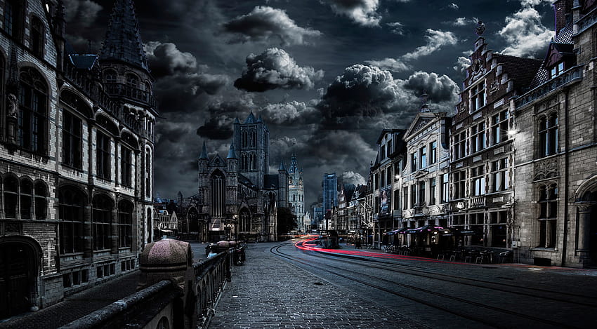Cittadina Time Lapse Nuvole Cattedrale Ghent Belgio Citta' Scuro Edificio Architettura Notte Blue Sfondo HD