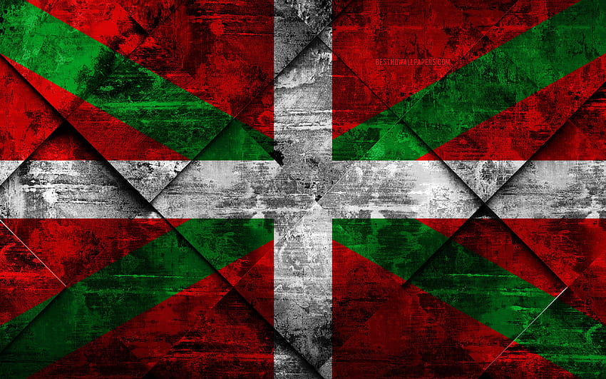 バスク国の国旗、グランジ アート、菱形グランジ テクスチャ、スペイン自治コミュニティ、バスク国の旗、スペイン、バスク国、スペインのコミュニティ、解像度 3840x2400 のクリエイティブ アート。 高品質、 高画質の壁紙