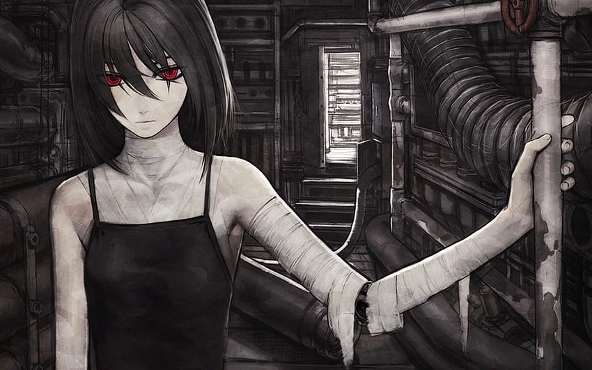 horror, dark, cyborgs, red eyes, artwork, anime girls, Iwai Ryo, black red gray anime HD wallpaper
