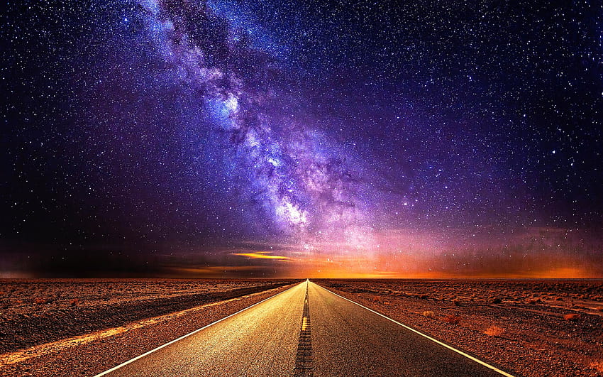 の夜, 道路, 星明かり, 空, 星の背景, 満天の星の光 高画質の壁紙