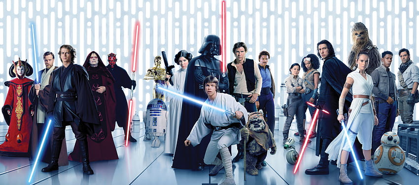 Rey, Kylo Ren, Anakin Skywalker, Darth Maul, Emperador Palpatine, Han Solo, Luke Skywalker, Obi, Anakin Skywalker y Luke Skywalker fondo de pantalla