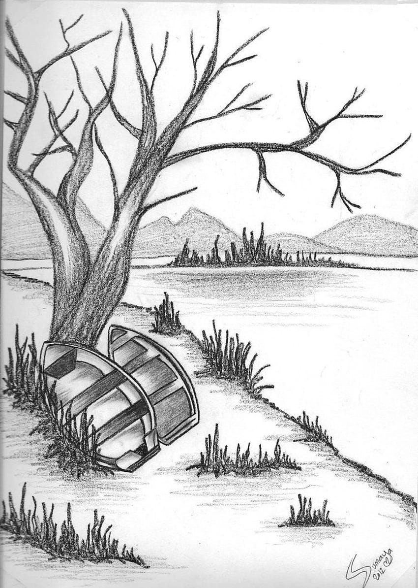 Matte Black Wooden frame Landscape Pencil Sketch