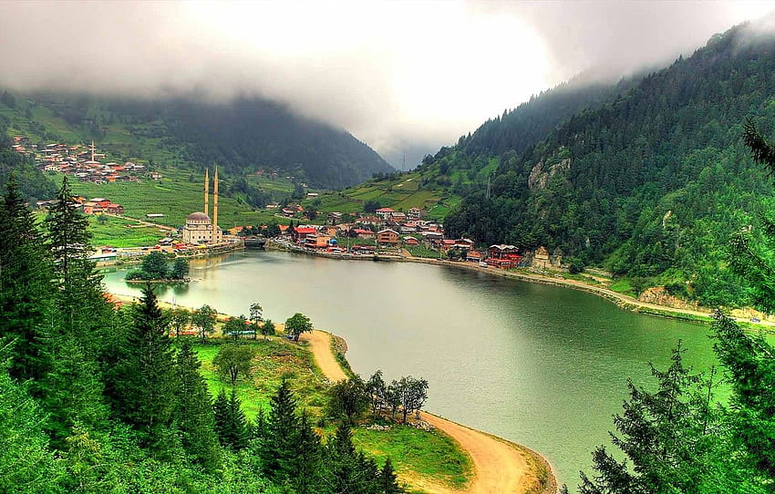 ทะเล ภูเขา เมือง บ้าน มัสยิด ไก่งวง หอคอย Trabzon หมวด пейзажи วอลล์เปเปอร์ HD