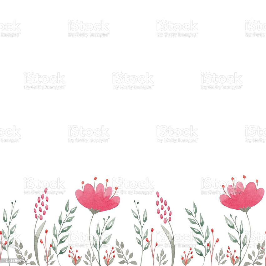 Kesintisiz Yatay Çiçek Desenli Suluboya Pembe Çiçekler Ve Turuncu Dallar Kart Veya Kumaş Tekstil Tasarımı Ve Diğer Elle Çizilmiş Hazır İlüstrasyonlar İçin Beyaz Arka Plan Üzerinde Yeşil Yapraklar HD telefon duvar kağıdı