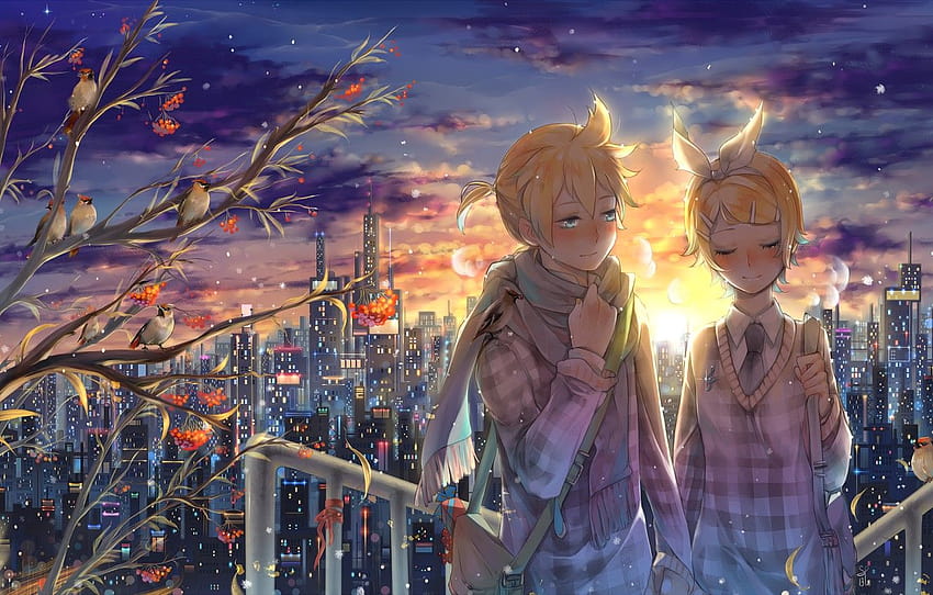 winter, sunset, snowflakes, the city, mood, anime, boy, anime boy sunset HD wallpaper