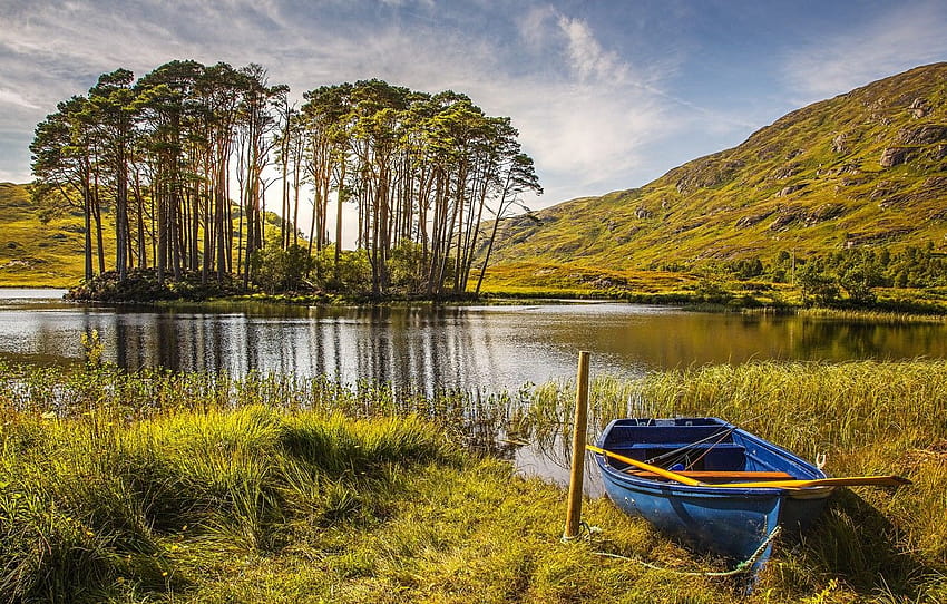 Natur, Gras, Herbst, See, Bäume, Boot, Schottland , Abschnitt пейзажи, Boote autumn lake HD-Hintergrundbild