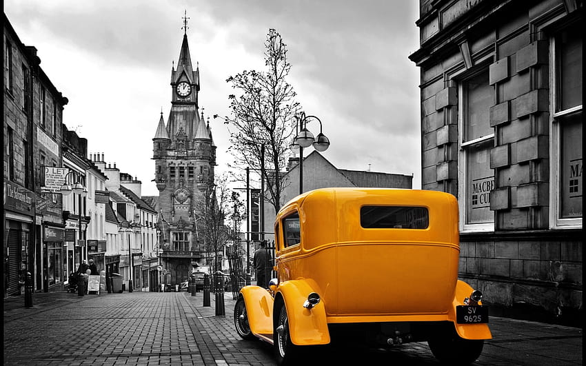 vintage, jaune, voiture, dans, A, gris, ville / et arrière-plans mobiles Fond d'écran HD