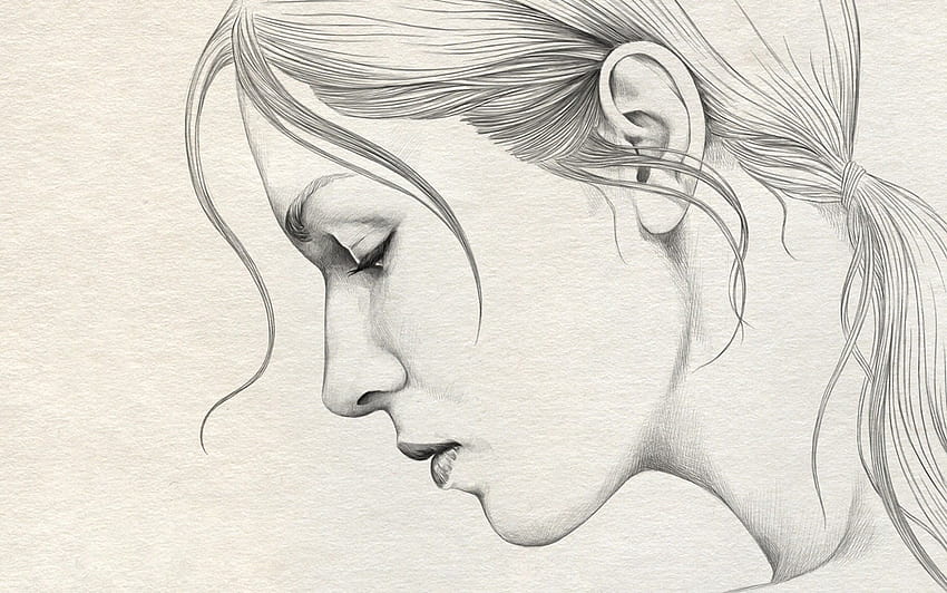 Woman facing side portrait sketch, sketch women HD wallpaper