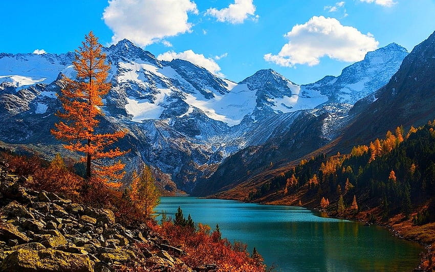 Trees Mountains Lakes Beautiful Clouds View Morning Autumn Russia Snowy Altai Fores… HD wallpaper