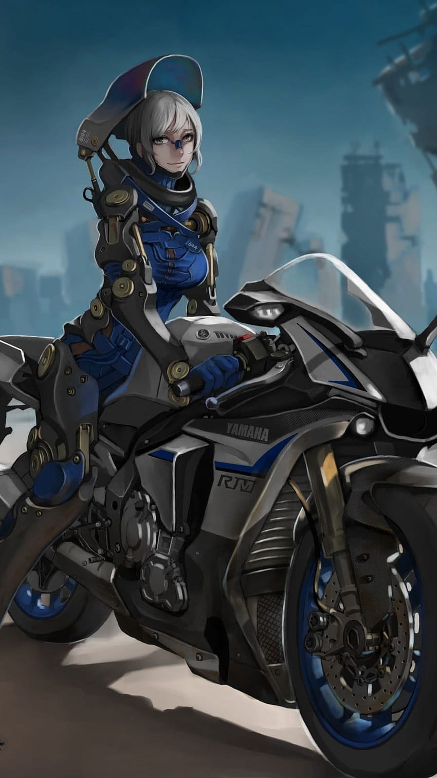 Mädchen, das graues Yamaha-Sportfahrrad reitet, Anime, Anime-Mädchen • Für Sie Für & Mobile, Anime-Motorrad HD-Handy-Hintergrundbild