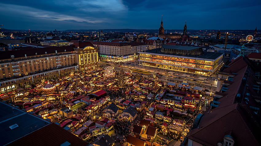 ドレスデン, ドイツ, クリスマス, 町, 広場, 夜, 家, 2560x1440, クリスマス, 空中 高画質の壁紙