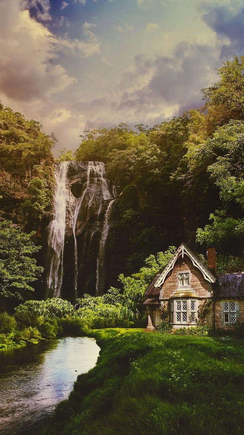 Cascada de agua y casa pequeña en 2019, cascada surrealista iphone fondo de pantalla del teléfono