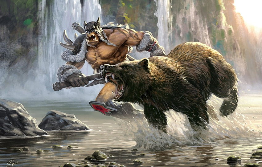 forest, river, bear, fantasy, art, hunting, Orc, Sergey Avtushenko, Rexxar and Misha the heroes of the horde , section фантастика HD wallpaper