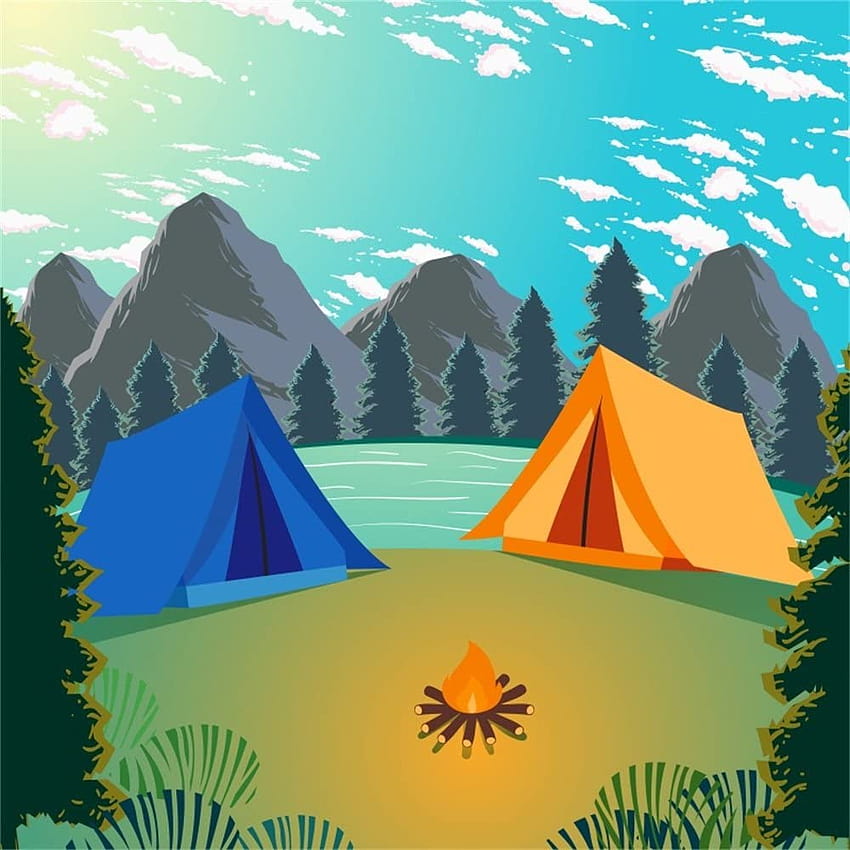 Amazon: LFEEY 1,8 x 1,8 m Outdoor-Camping-Hintergrund, Cartoon-Wald, Feld, Überleben, brennende Brennwälder, Flussufer, gelb, blau, Zelte, Berge, grafische Hintergründe, Videovorhänge, Studio-Requisiten: Kamera & HD-Handy-Hintergrundbild