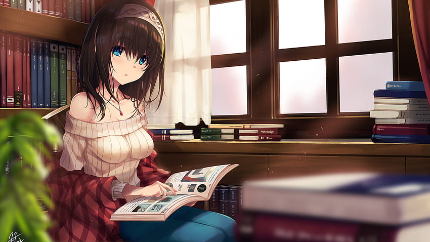 Wallpaper girl hat book reading anime art hd picture image
