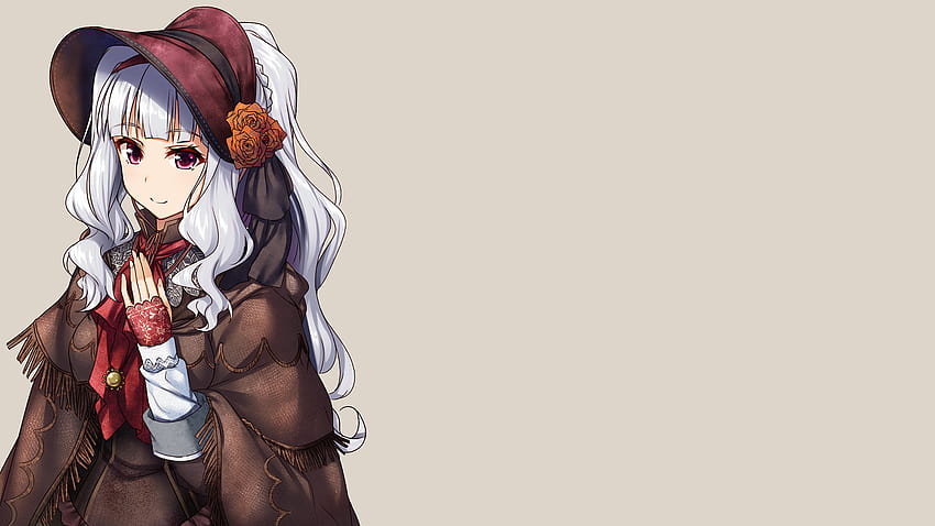 : anime girls, simple background, gray background, Shijou Takane, THE email protected, crossover, Bloodborne, Plain Doll, ascot, bonnet, dress, cape, gauntlets, lolita fashion, long hair, silver hair, pink eyes 1920x1080, pink cape HD wallpaper