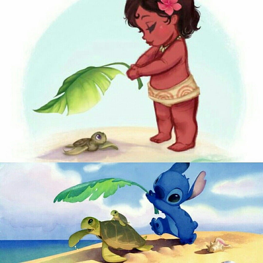 I found another easter egg! Stich and Moana both shading a turtle, easter stitch HD phone wallpaper