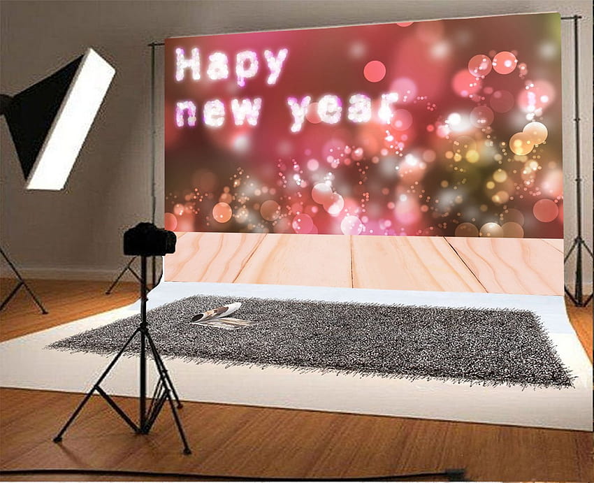 HelloDecor Полиестерен плат 7x5 фута Фон за Честита Нова Година Боке Блестящи пайети Романтични рустикални ивици Графика на дървен под Фонове Деца Възрастни Студиен реквизит HD тапет