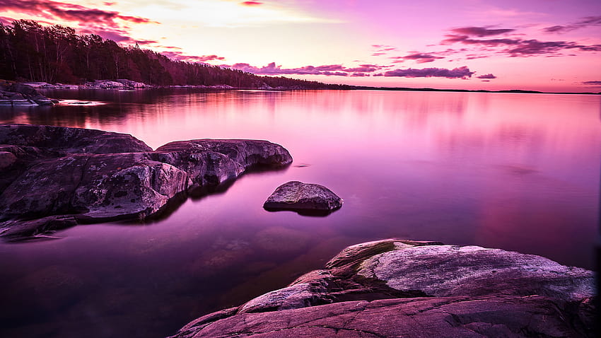 노을, 호수, 보라색, 분홍빛 하늘, 풍경, » , Ultra HD 월페이퍼