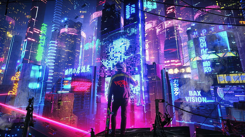 neon anime cityscape HD wallpaper