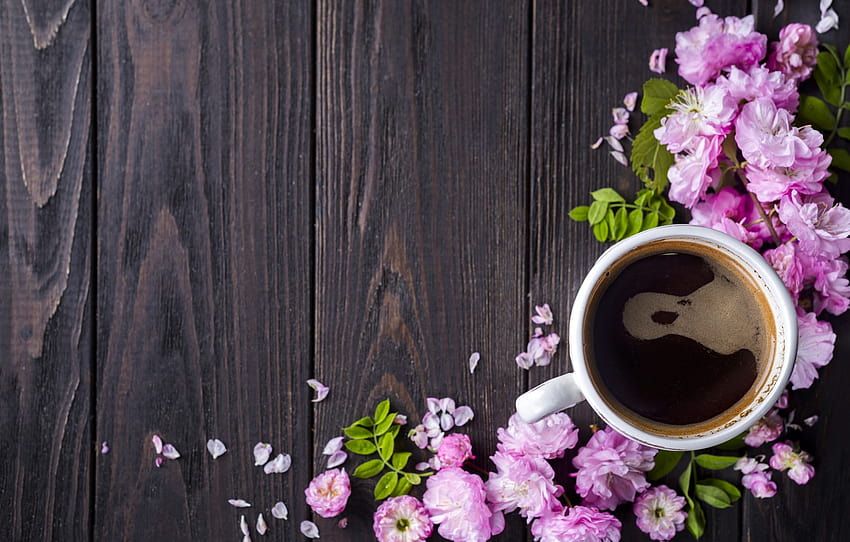 flowers, pink, wood, pink, blossom, flowers, coffee cup, a Cup of coffee , section цветы, pink coffee HD wallpaper