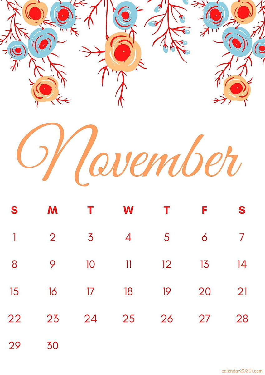 Floral November 2020 Calendar Printable HD phone wallpaper
