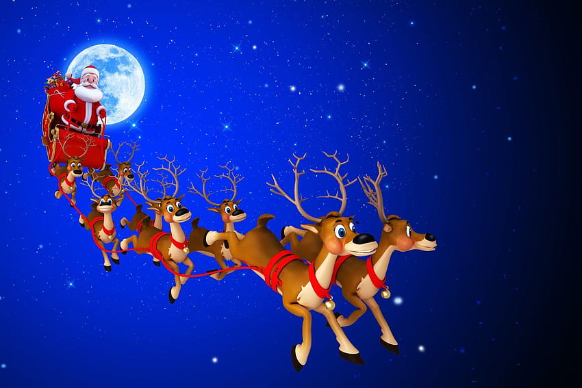 year merry christmas santa's sleigh reindeer full moon stars sky, christmas reindeer and sleigh HD wallpaper